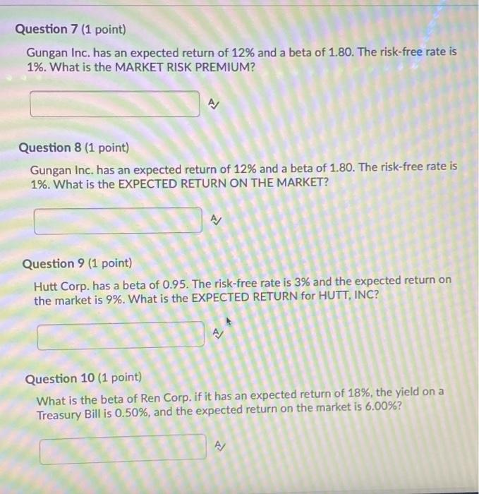 Question 7 1 Point Gungan Inc Has An Expected Return Of 12 And A Beta Of 1 80 The Risk Free Rate Is 1 What Is The 1