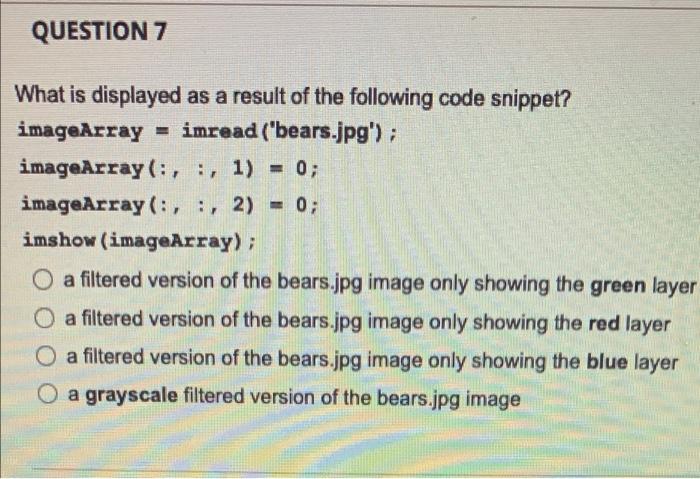 Question 7 What Is Displayed As A Result Of The Following Code Snippet Imagearray Imread Bears Jpg Imagearray 1
