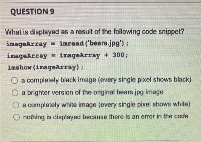 Question 9 What Is Displayed As A Result Of The Following Code Snippet Imagearray Imread Bears Jpg Imagearray 1