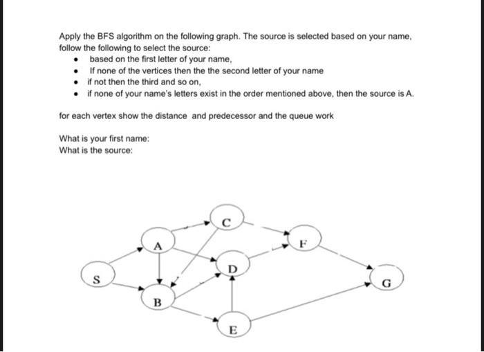 Apply The Bfs Algorithm On The Following Graph The Source Is Selected Based On Your Name Follow The Following To Selec 1
