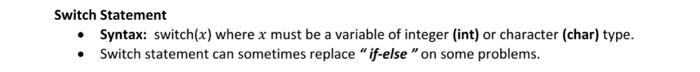 Switch Statement Syntax Switch X Where X Must Be A Variable Of Integer Int Or Character Char Type Switch Statem 1
