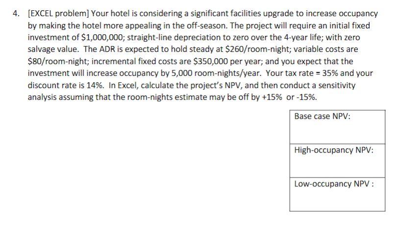 4 Excel Problem Your Hotel Is Considering A Significant Facilities Upgrade To Increase Occupancy By Making The Hotel 1