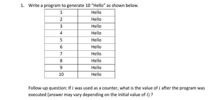 1 Write A Program To Generate 10 Hello As Shown Below 1 Hello 2 Hello 3 Hello 4 Hello 5 Hello 6 Hello 7 Hello 8 Hell 1