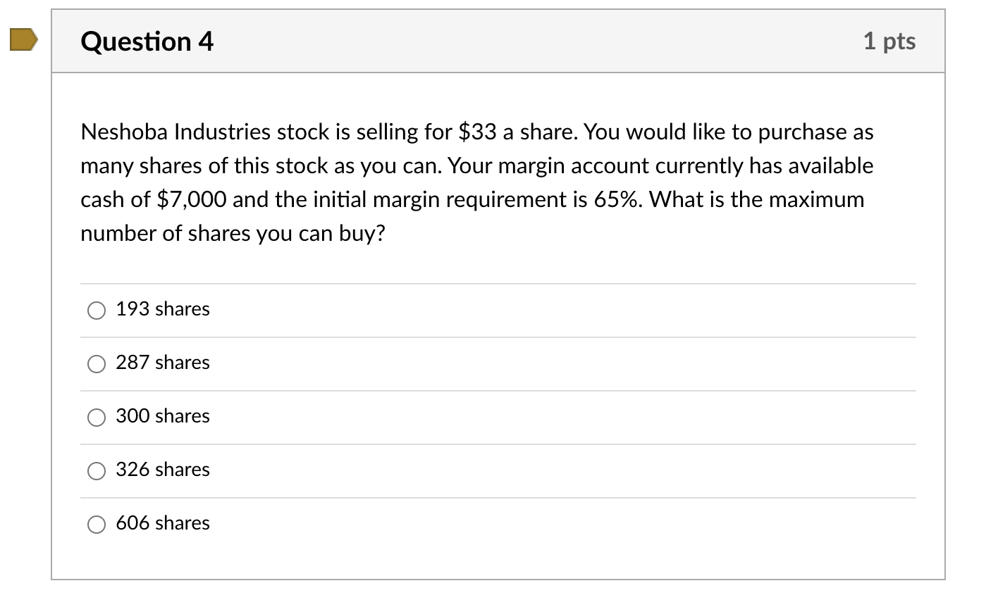 Question 4 1 Pts A Neshoba Industries Stock Is Selling For 33 A Share You Would Like To Purchase As Many Shares Of Thi 1