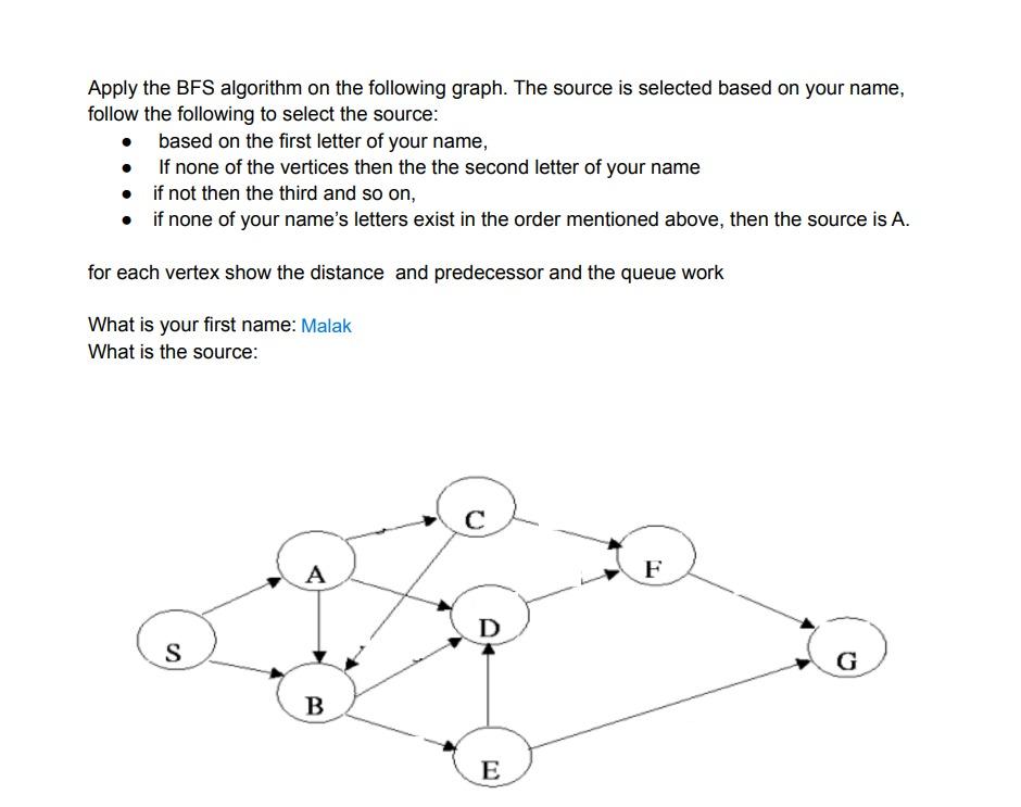 Apply The Bfs Algorithm On The Following Graph The Source Is Selected Based On Your Name Follow The Following To Selec 1