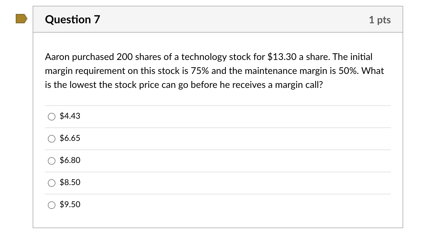 Question 7 1 Pts Aaron Purchased 200 Shares Of A Technology Stock For 13 30 A Share The Initial Margin Requirement On 1