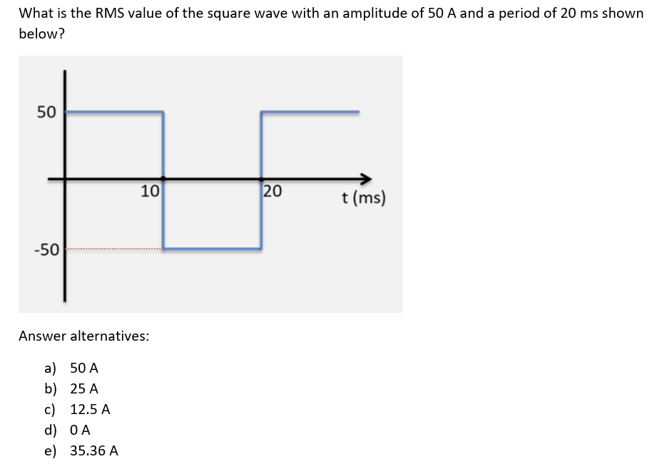 What Is The Rms Value Of The Square Wave With An Amplitude Of 50 A And A Period Of 20 Ms Shown Below 50 10 20 T Ms 5 1