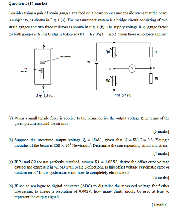 Question 1 17 Marks Consider Using A Pair Of Strain Gauges Attached On A Beam To Measure Tensile Stress That The Beam 1