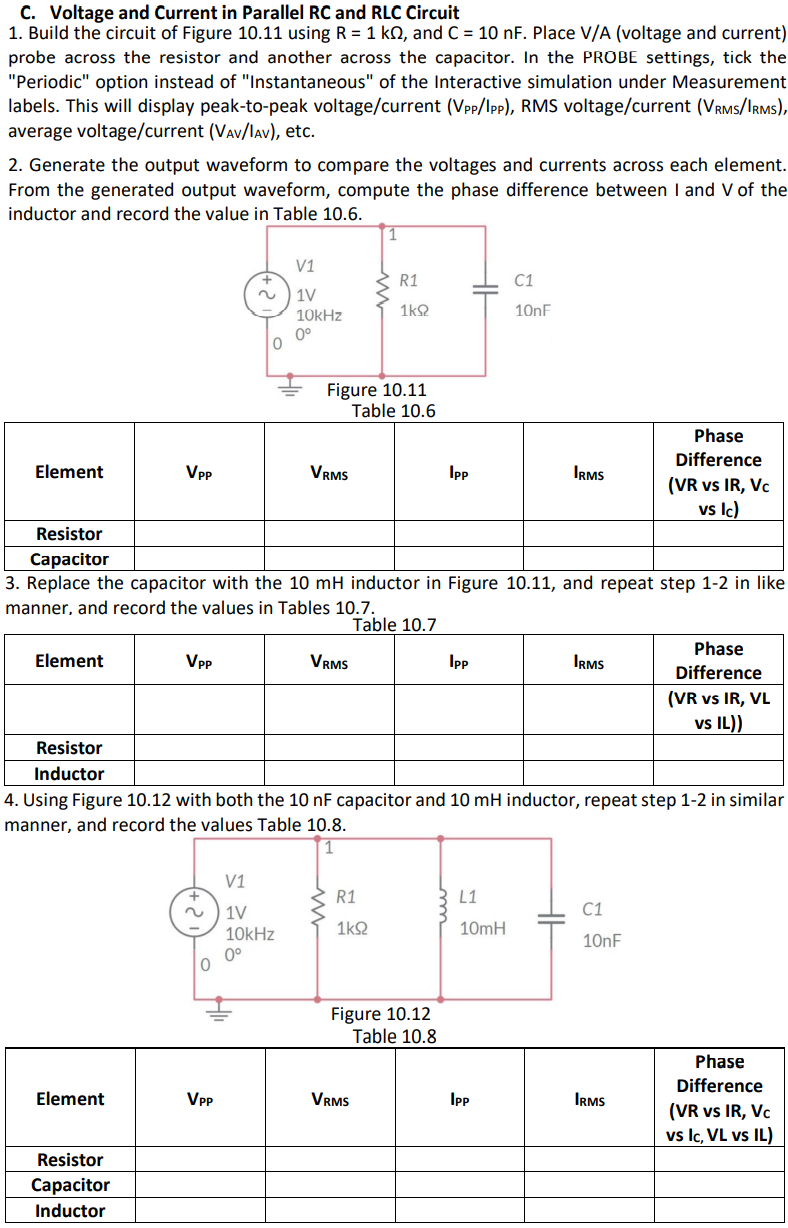 C Voltage And Current In Parallel Rc And Rlc Circuit 1 Build The Circuit Of Figure 10 11 Using R 1 K2 And C 10 Nf 1