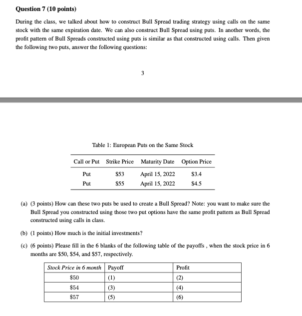 Question 7 10 Points During The Class We Talked About How To Construct Bull Spread Trading Strategy Using Calls On Th 1