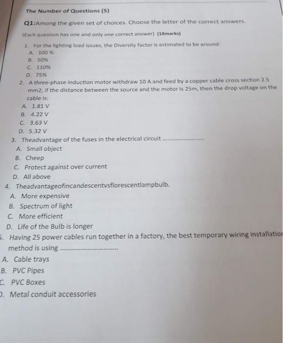 The Number Of Questions 5 Q1 Among The Given Set Of Choices Choose The Letter Of The Correct Answers Each Question 1