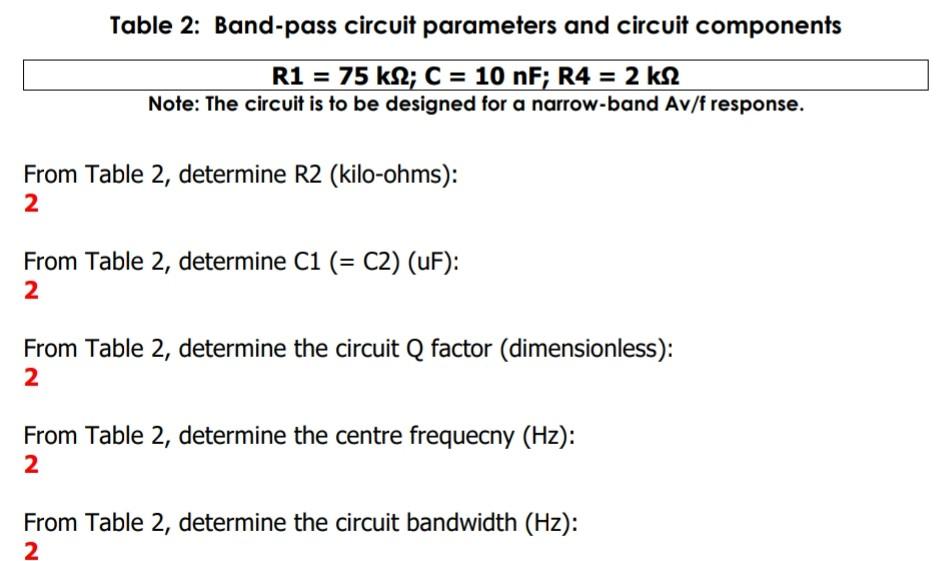Table 2 Band Pass Circuit Parameters And Circuit Components R1 75 Km C 10 Nf R4 2 Ks Note The Circuit Is To Be 1