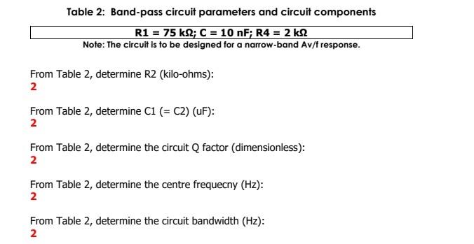 Table 2 Band Pass Circuit Parameters And Circuit Components R1 75 Km C 10 Nf R4 2 K Note The Circuit Is To Be 1