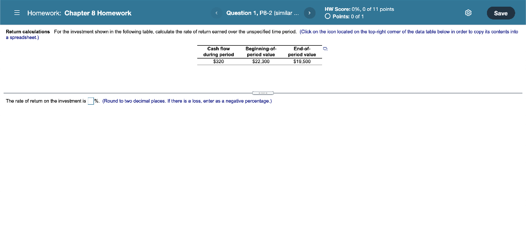Homework Chapter 8 Homework Question 1 P8 2 Similar Hw Score 0 0 Of 11 Points Points 0 Of 1 Save Return Cal 1