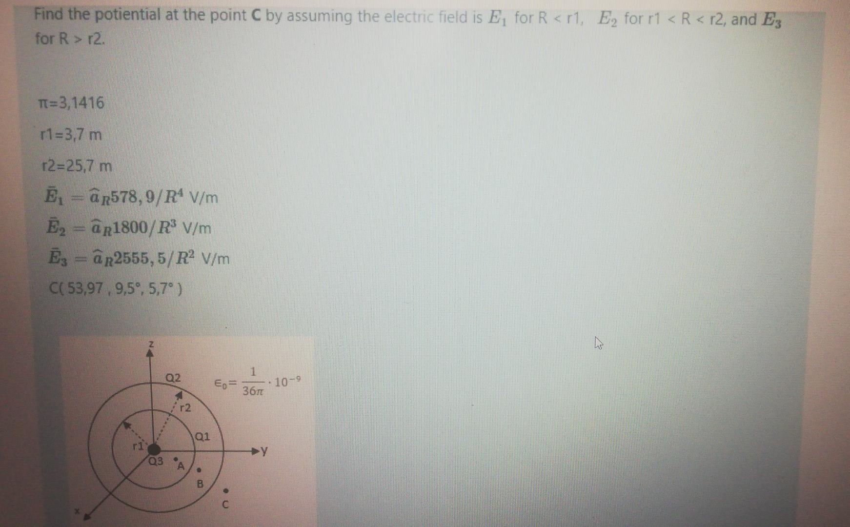 Find The Potiential At The Point C By Assuming The Electric Field Is E For R R1 E For R1 R R2 And Es For R R 1