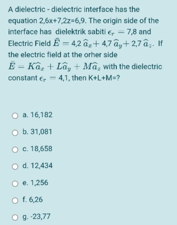 A Dielectric Dielectric Interface Has The Equation 2 6x 7 2z 6 9 The Origin Side Of The Interface Has Dielektrik Sabi 1