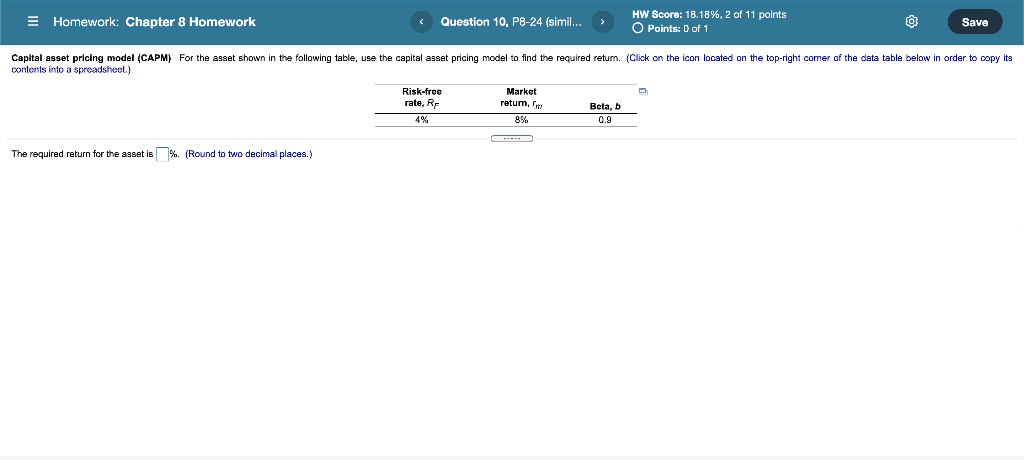 E Homework Chapter 8 Homework Question 10 P8 24 Simil Hw Score 18 18 2 Of 11 Points O Points 0 Of 1 Save Capit 1