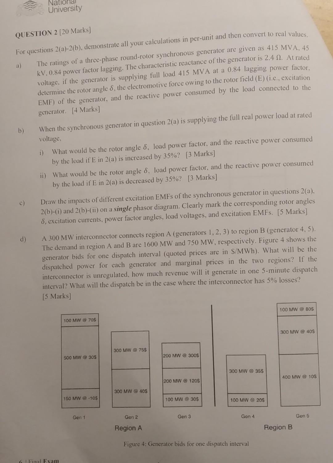 National University Question 2 20 Marks A For Questions 2 A 2 B Demonstrate All Your Calculations In Per Unit And 1