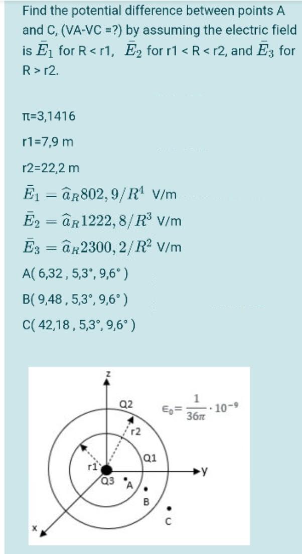 Find The Potential Difference Between Points A And C Va Vc By Assuming The Electric Field Is E For R R1 E For R 1