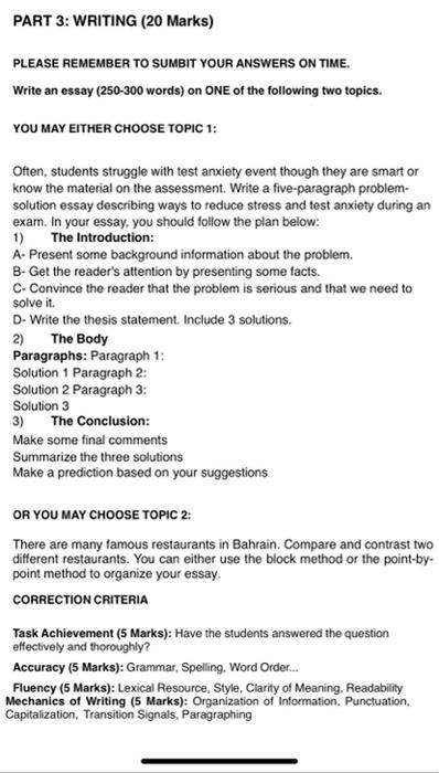 Part 3 Writing 20 Marks Please Remember To Sumbit Your Answers On Time Write An Essay 250 300 Words On One Of The 1