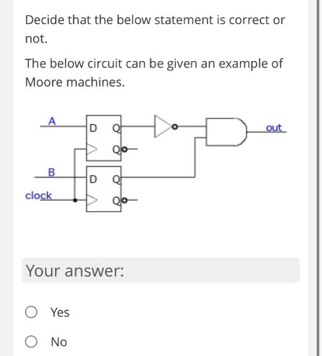 Decide That The Below Statement Is Correct Or Not The Below Circuit Can Be Given An Example Of Moore Machines A D Q Ou 1