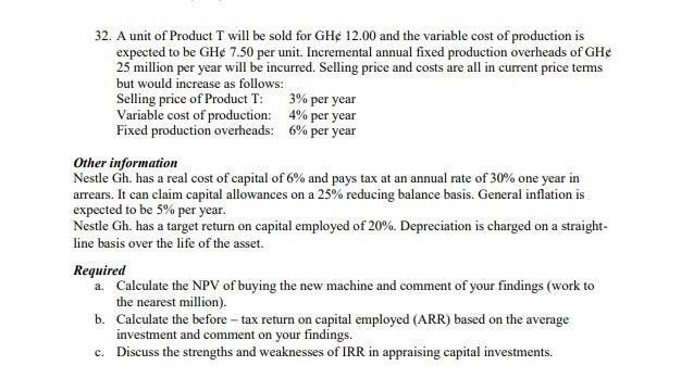 32 A Unit Of Product T Will Be Sold For Gh 12 00 And The Variable Cost Of Production Is Expected To Be Gh 7 50 Per Un 1