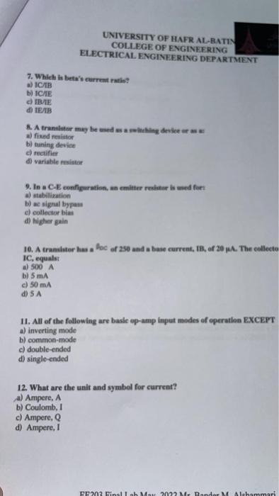 University Of Hafr Al Batin College Of Engineering Electrical Engineering Department Q2 Mark Tick On The Most Approp 2