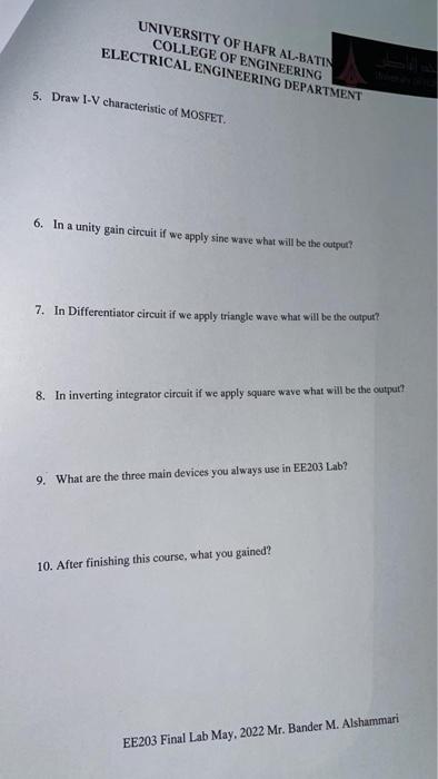 University Of Hafr Al Batin College Of Engineering Electrical Engineering Department Q3 Give A Short Answer Of The Foll 2