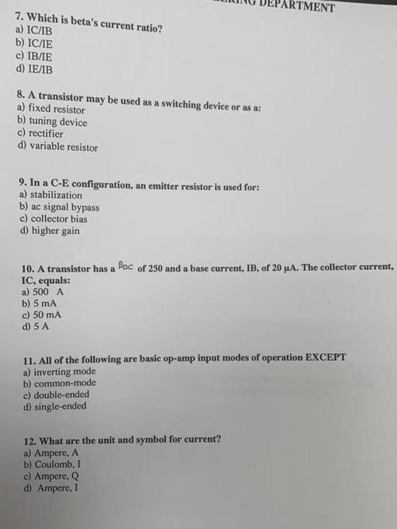 Rtment 7 Which Is Beta S Current Ratio A Ic Ib B Ic Ie C Ib Ie D Ie Ib 8 A Transistor May Be Used As A Switching 1