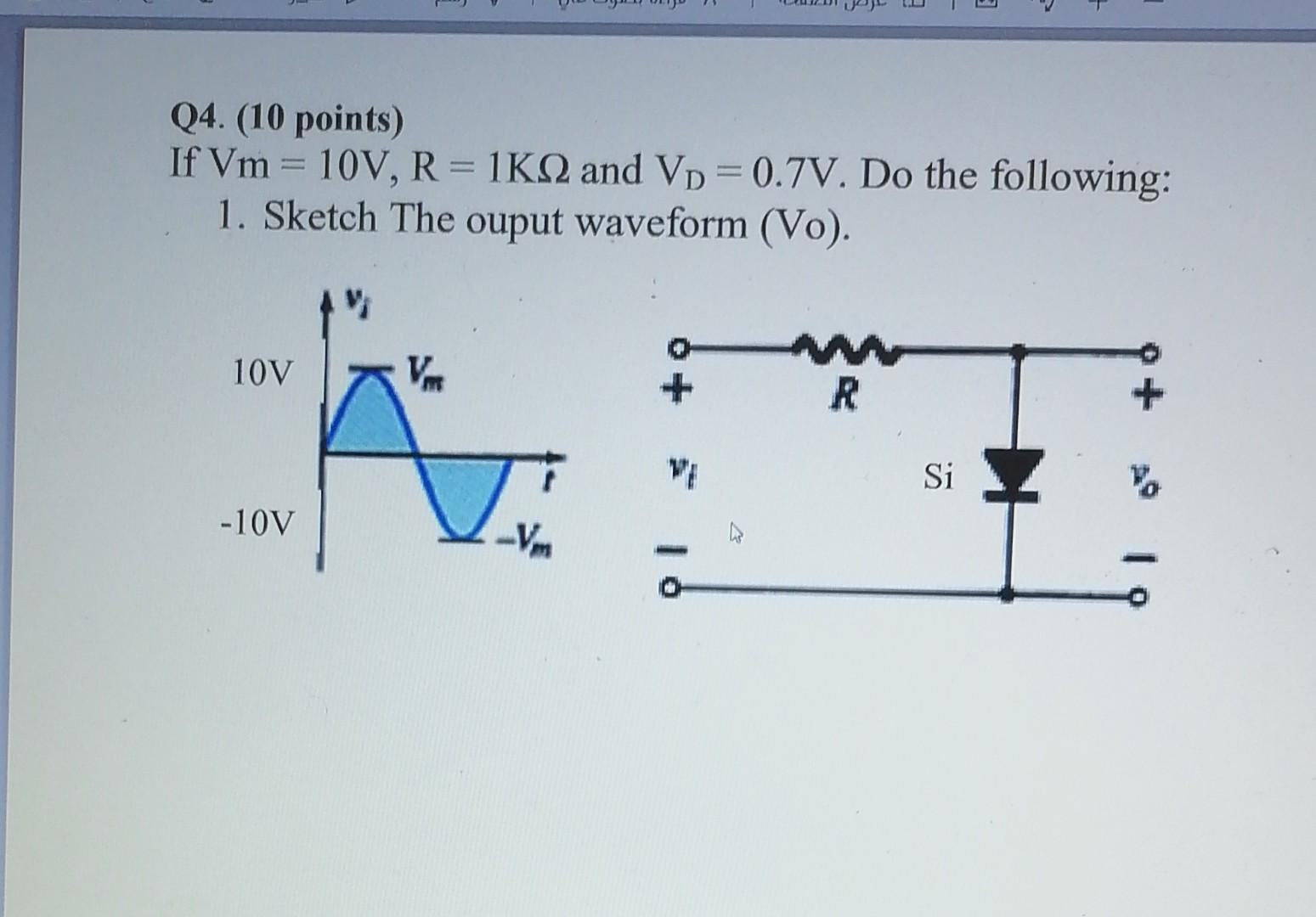 Q4 10 Points If Vm 10v R 1kq And Vd 0 7v Do The Following 1 Sketch The Ouput Waveform Vo V 10v Vm R V 1
