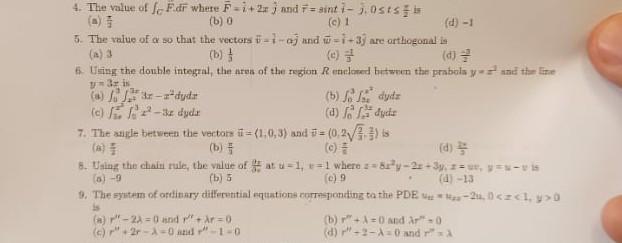4 The Value Of Le Fdr Where F I 2r And F Sint I 3 0sts B B 0 C 1 D 1 5 The Value Of A So That The Vectors 6 1 1