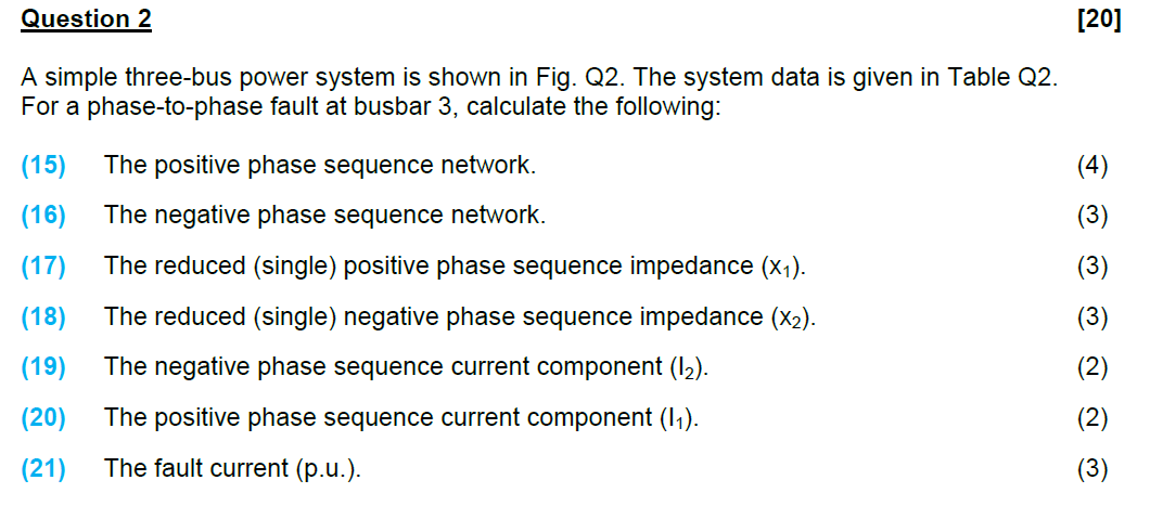 Question 2 20 A Simple Three Bus Power System Is Shown In Fig Q2 The System Data Is Given In Table Q2 For A Phase T 1