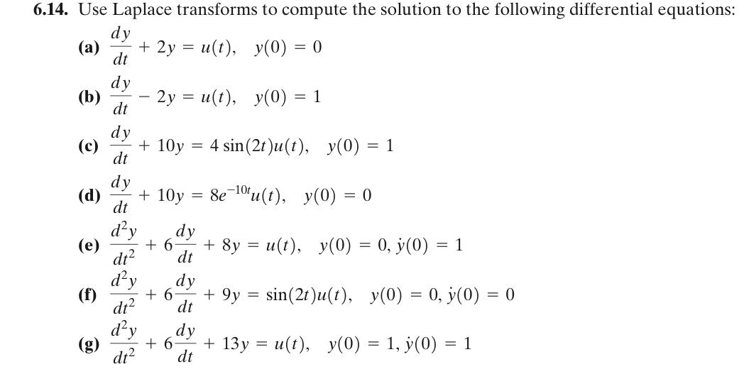 6 14 Use Laplace Transforms To Compute The Solution To The Following Differential Equations Dy A 2y U T Y 0 1
