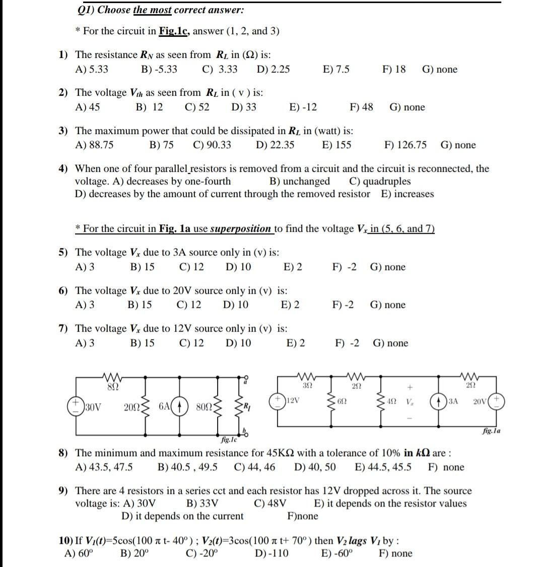 Q1 Choose The Most Correct Answer For The Circuit In Fig 1c Answer 1 2 And 3 1 The Resistance Rn As Seen From 1