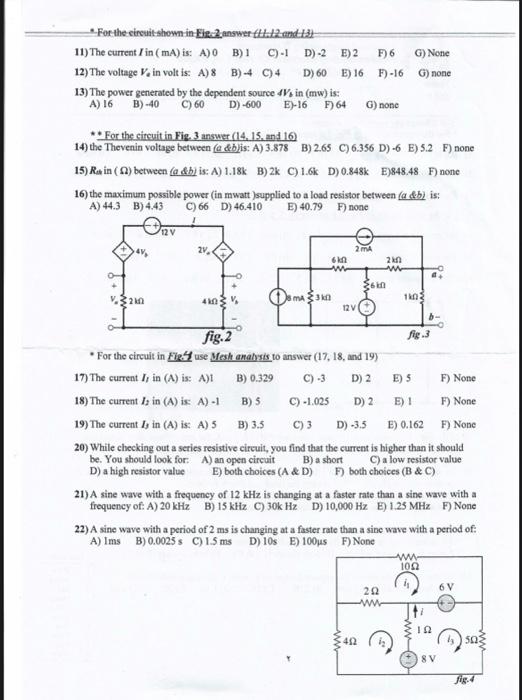 For The Circuit Shown In Fig 2 Answer 11 12 And 13 11 The Current Iin Ma Is A 0 B 1 C 1 D 2 E 2 G None 12 1
