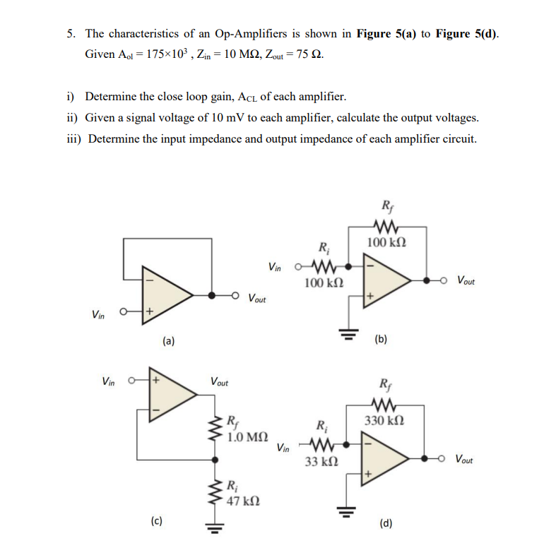 5 The Characteristics Of An Op Amplifiers Is Shown In Figure 5 A To Figure 5 D Given Aol 175 10 Zin 10 Mq Zou 1