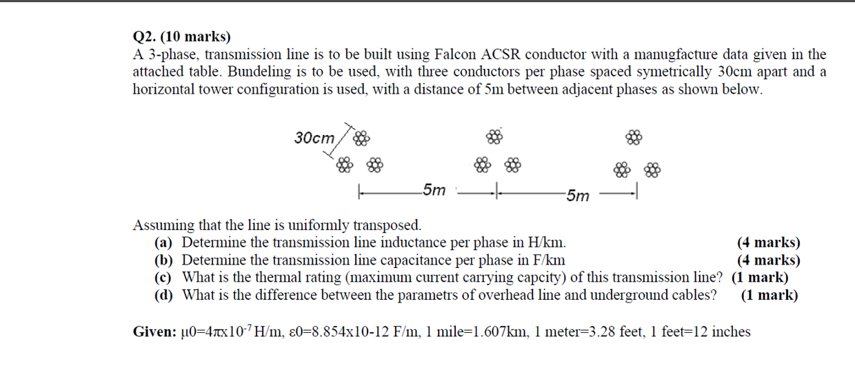 Q2 10 Marks A 3 Phase Transmission Line To Be Built Using Falcon Acsr Conductor With A Manugfacture Data Given In Th 1