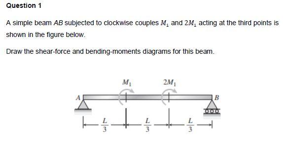Question 1 A Simple Beam Ab Subjected To Clockwise Couples M And 2m Acting At The Third Points Is Shown In The Figure 1