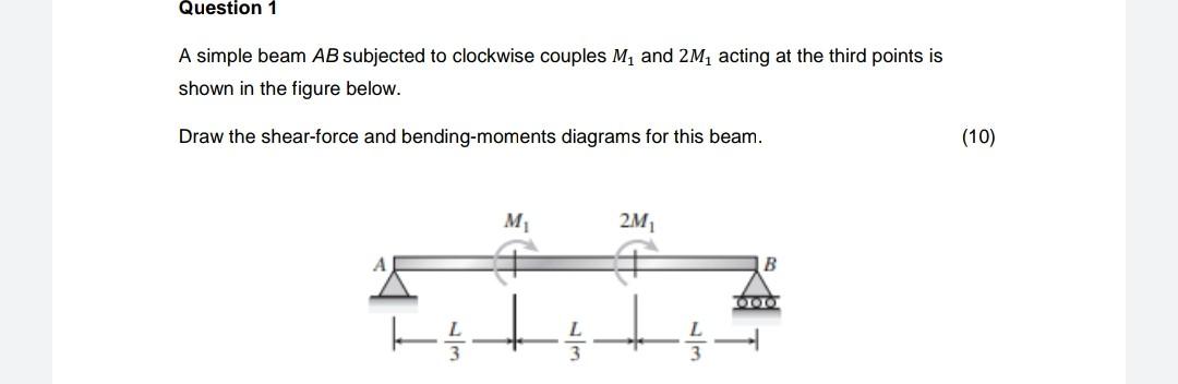 Question 1 A Simple Beam Ab Subjected To Clockwise Couples M And 2m Acting At The Third Points Is Shown In The Figure 1
