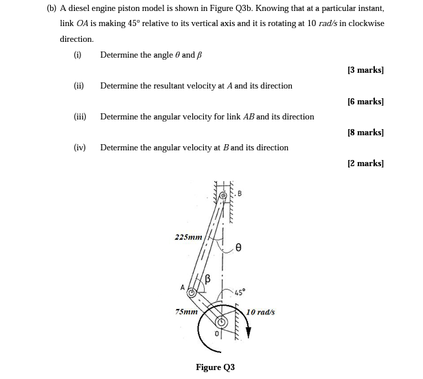 B A Diesel Engine Piston Model Is Shown In Figure Q3b Knowing That At A Particular Instant Link Oa Is Making 45 Rel 1