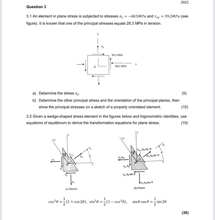 2022 Question 3 3 1 An Element In Plane Stress Is Subjected To Stresses 68 5mpa And Txy 39 2mpa See Figure It 1