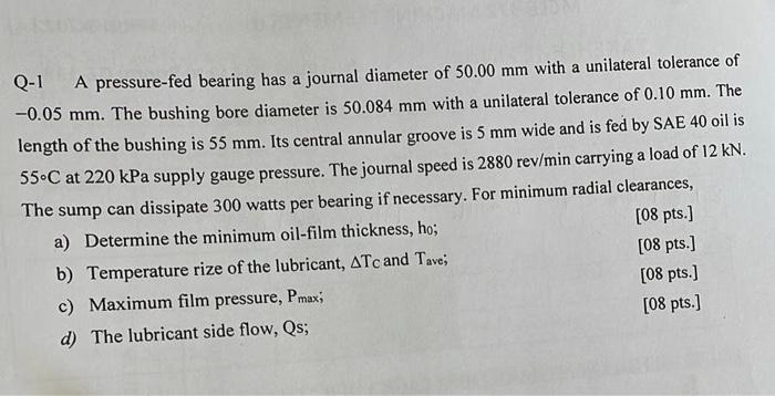 Q 1 A Pressure Fed Bearing Has A Journal Diameter Of 50 00 Mm With A Unilateral Tolerance Of 0 05 Mm The Bushing Bore 1
