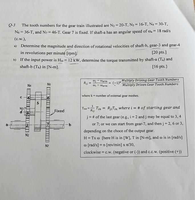 Q 3 The Tooth Numbers For The Gear Train Illustrated Are N 20 T N3 16 T N4 30 T N6 36 T And N7 46 T Gear 1