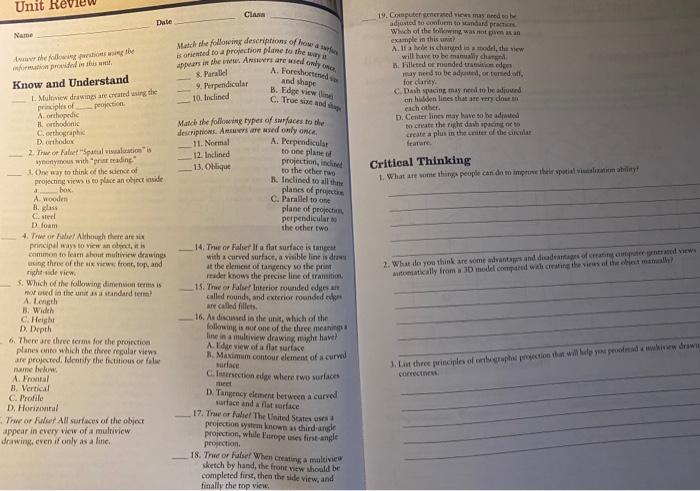 Unit Re Name Answer The Following Questions Using The Information Provided In This Unit Know And Understand Class Match 1