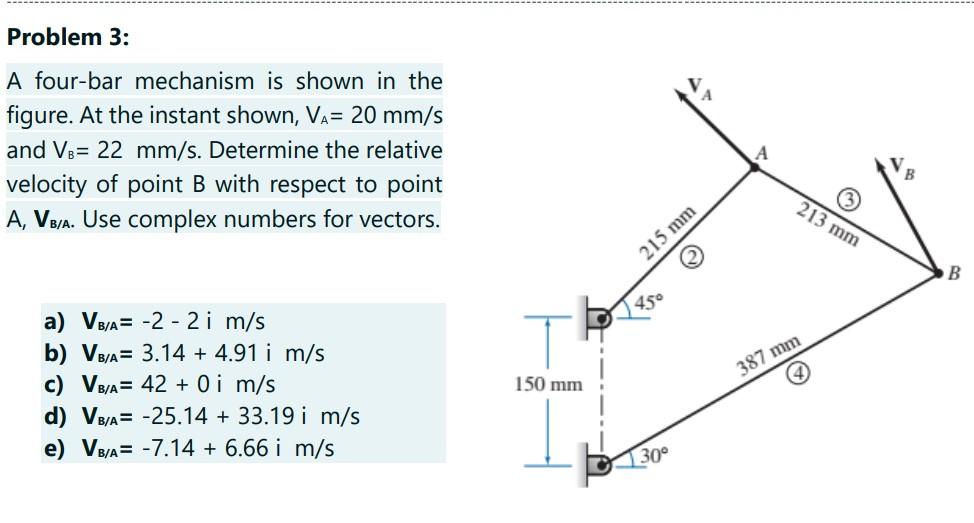 Problem 3 A Four Bar Mechanism Is Shown In The Figure At The Instant Shown Va 20 Mm S And Vb 22 Mm S Determine The 1