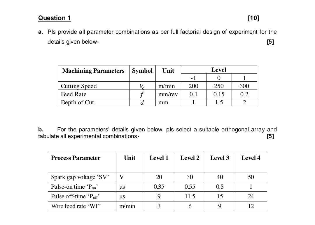 Question 1 10 A Pls Provide All Parameter Combinations As Per Full Factorial Design Of Experiment For The Details Giv 1