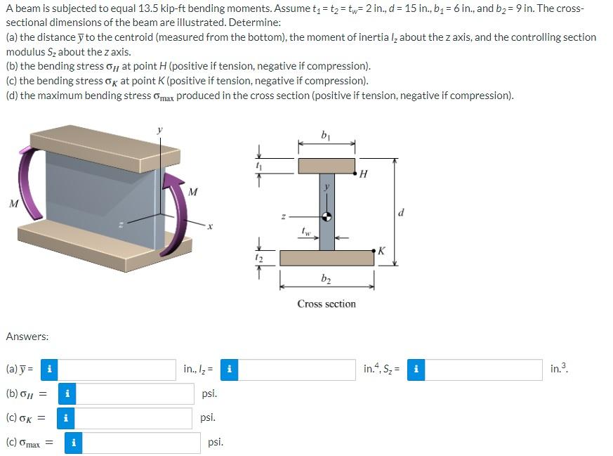 A Beam Is Subjected To Equal 13 5 Kip Ft Bending Moments Assume T T Tw 2 In D 15 In B 6 In And B 9 1