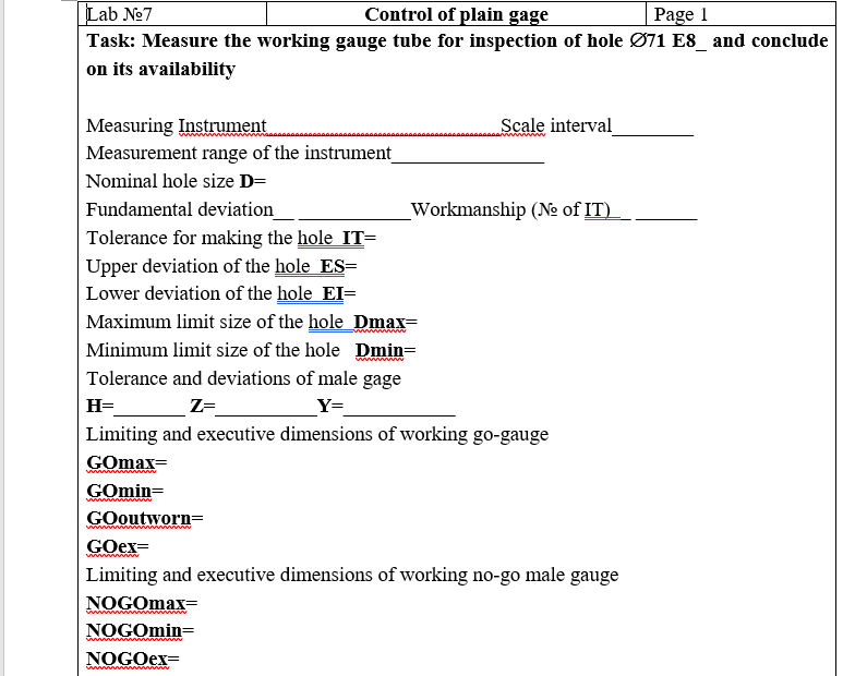 Lab No7 Control Of Plain Gage Page 1 Task Measure The Working Gauge Tube For Inspection Of Hole O71 E8 And Conclude 1
