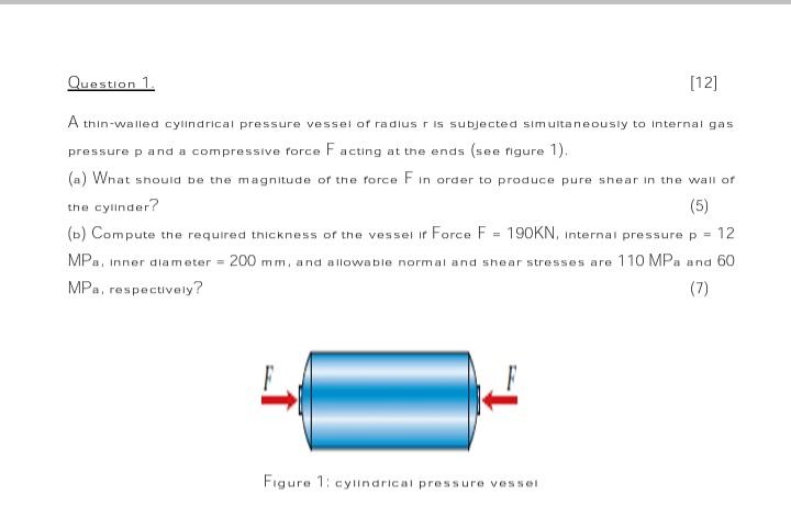 Question 1 12 A Thin Walled Cylindrical Pressure Vessel Of Radius R Is Subjected Simultaneously To Internal Gas Press 1