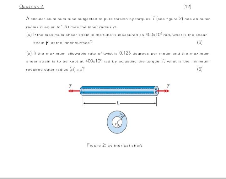 Question 2 12 A Circular Aluminum Tube Subjected To Pure Torsion By Torques T See Figure 2 Has An Outer Radius R2 E 1